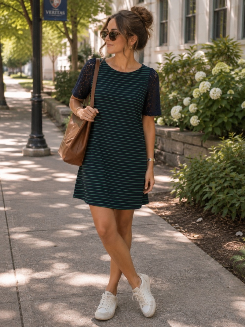 Anthropologie Postmark Women’s Green Navy Striped Lace Sleeve Dress M Preppy